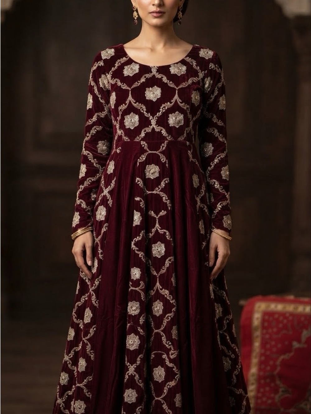 Pakistani velvet Elegant Maroon Embroidered Women’s Dress this is for modal wear